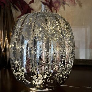 NWT KIRKTON HOUSE LED Glass Pumpkin - Tall Silver ( dimensions 7.5" x 10.25")